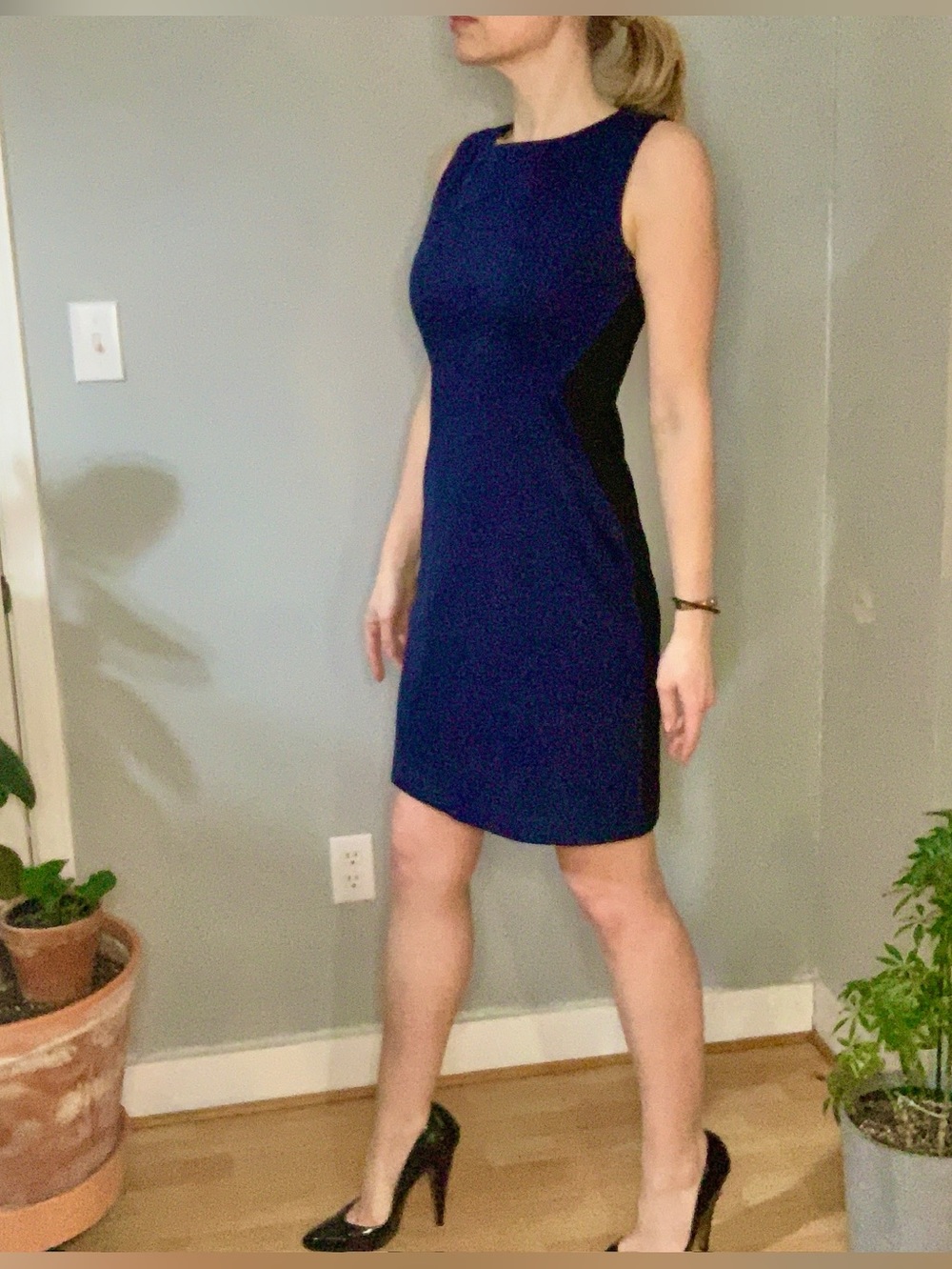 Tahari Navy Sheath Dress with Black Side Panels